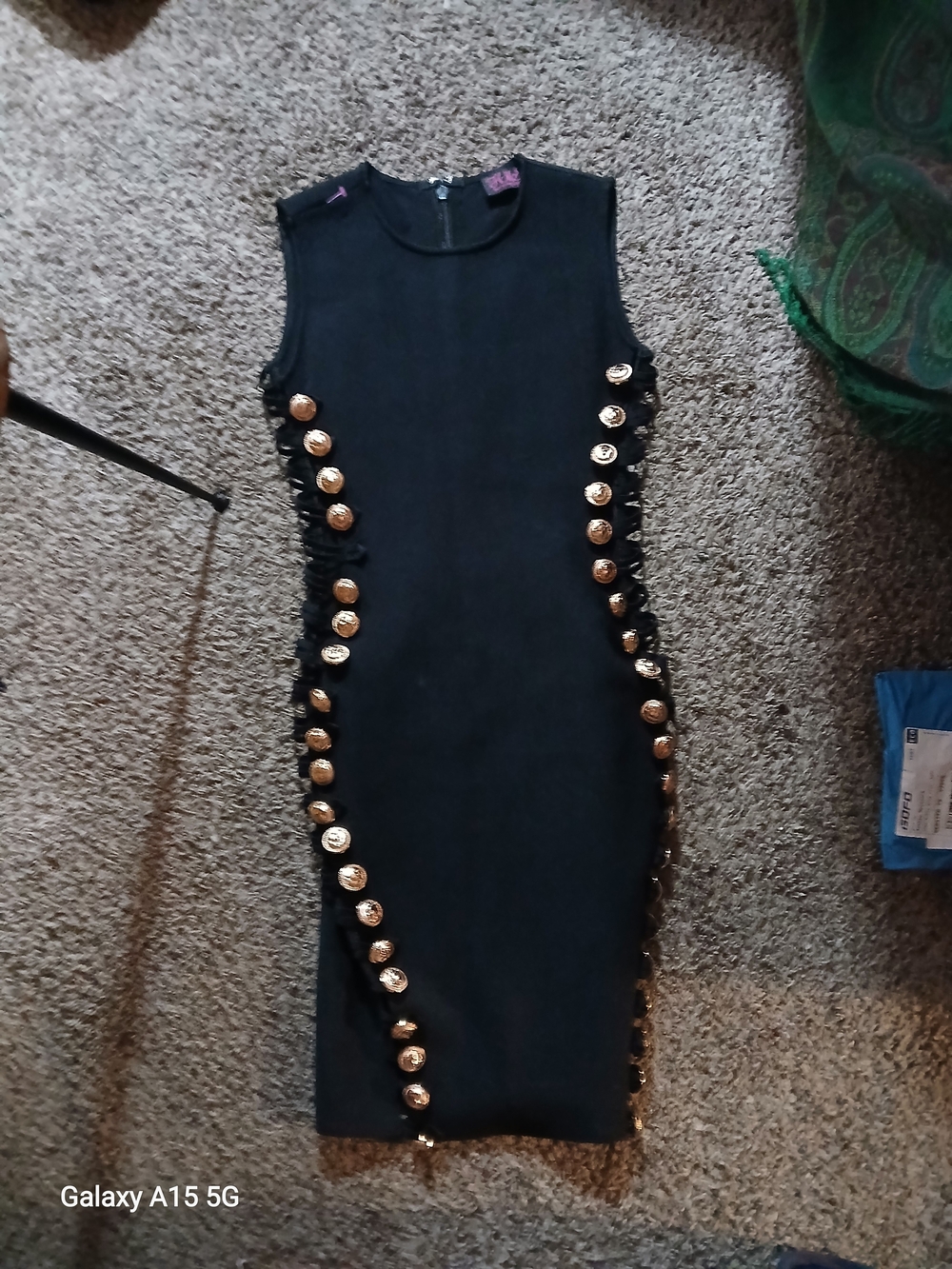 One-Shoulder Black Bodycon Dress with Gold Buttons